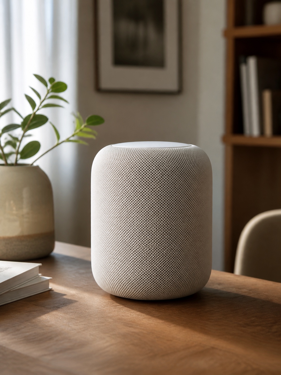 Close-up of a white smart speaker on a wooden desk in soft window light.