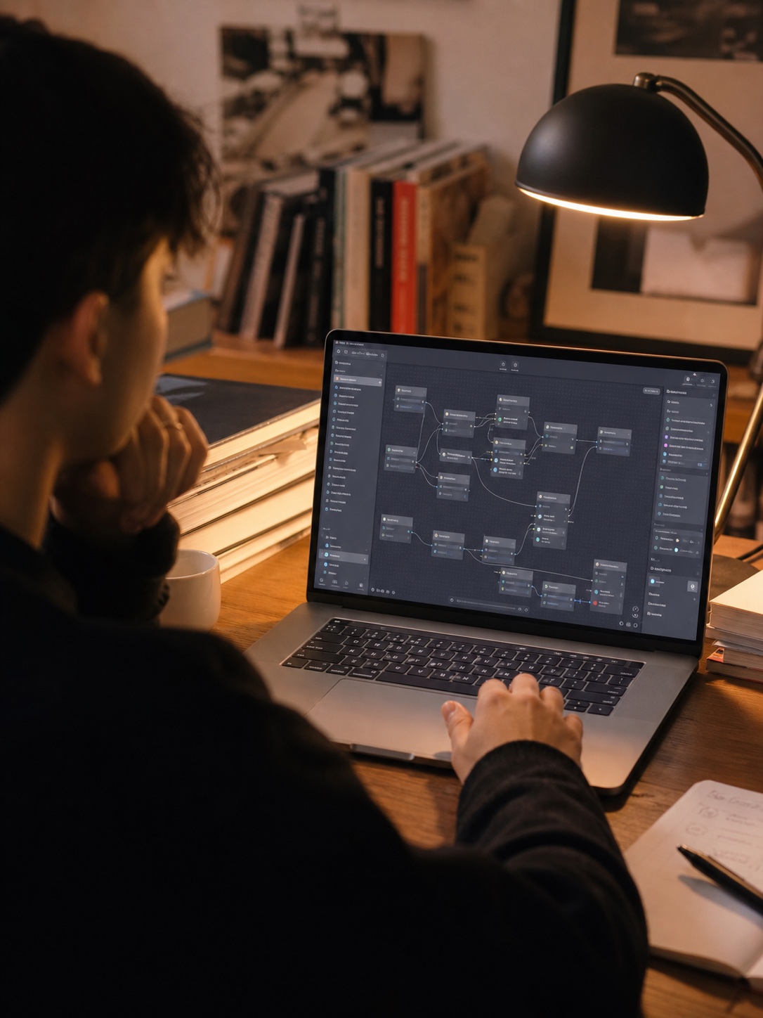 Designer working on a complex Voiceflow-style conversation diagram on a laptop.