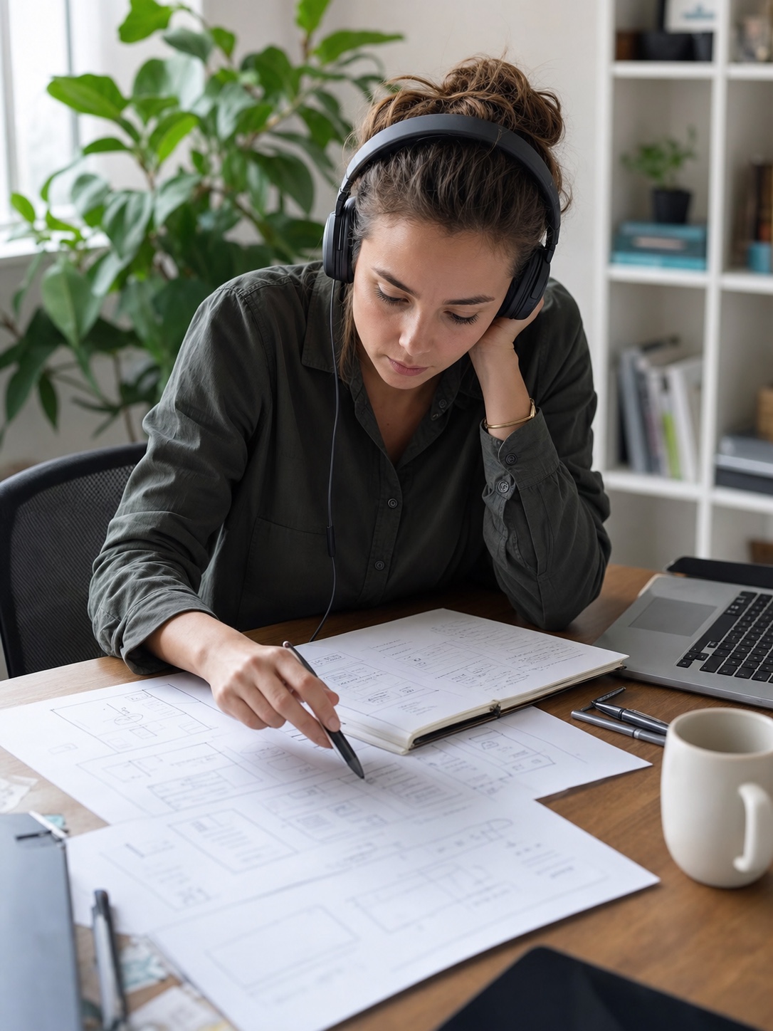 UX researcher listening to audio playback beside printed voice flow diagrams and test notes.