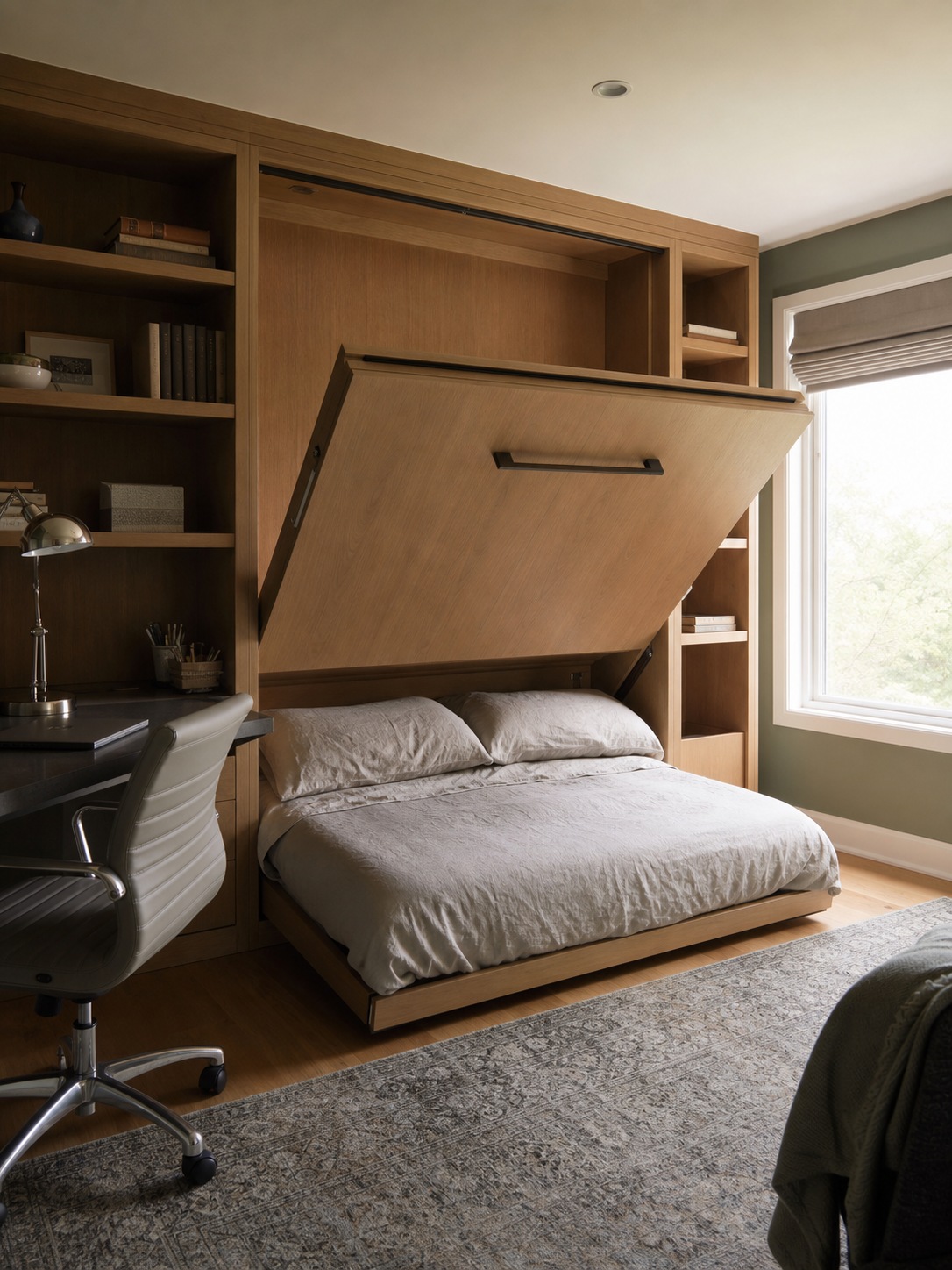 Wall bed half-lowered in a compact office A wall bed is half-lowered in a compact home office with shelving and afternoon light. | Sky Rye Design A wall bed is half-lowered in a compact home office with shelving and afternoon light.