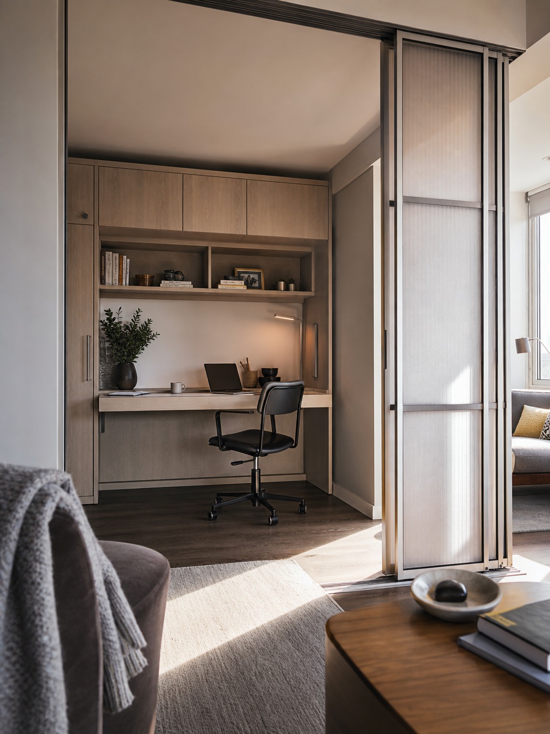 Flexible home office with wall bed A small multipurpose room works as a daytime office with a wall bed folded into the wall. | Sky Rye Design A small multipurpose room works as a daytime office with a wall bed folded into the wall.