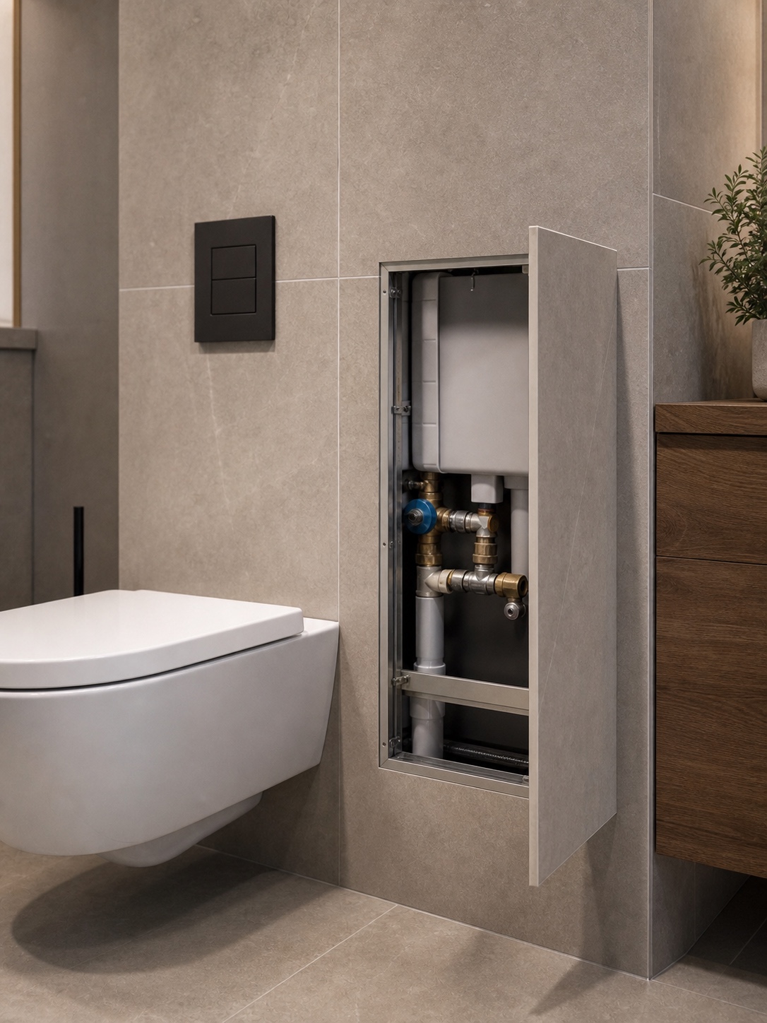 An open tile-faced access hatch beside a wall-hung toilet showing concealed cistern plumbing and service valves.
