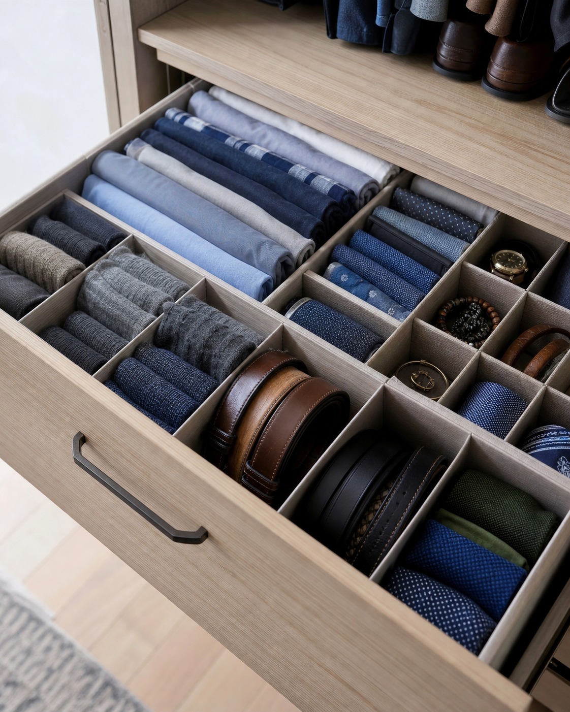 Wardrobe drawer organization with file-folded shirts, dividers, socks, belts, and small accessories.