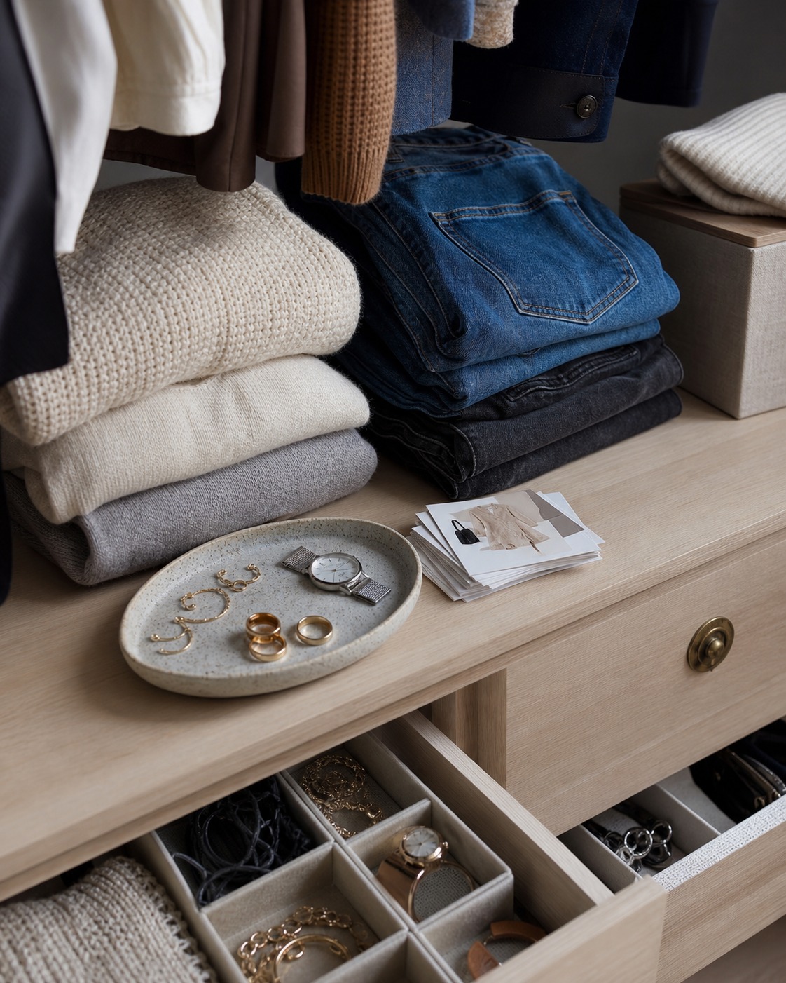 Wardrobe inventory station with folded sweaters, denim, jewelry tray, and open accessory drawers.
