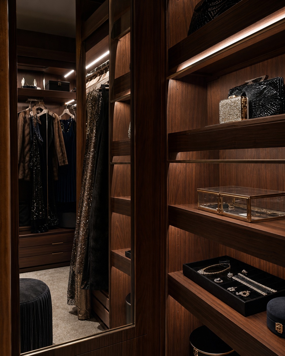 Wardrobe lighting upgrade with warm LED shelf lights, mirror reflection, jewelry tray, and evening outfits.