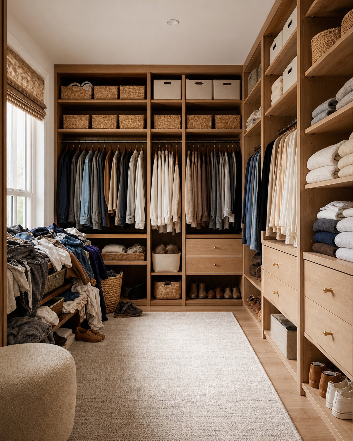 Organized wardrobe room with warm wood shelving, color-grouped clothes, folded sweaters, and storage baskets.