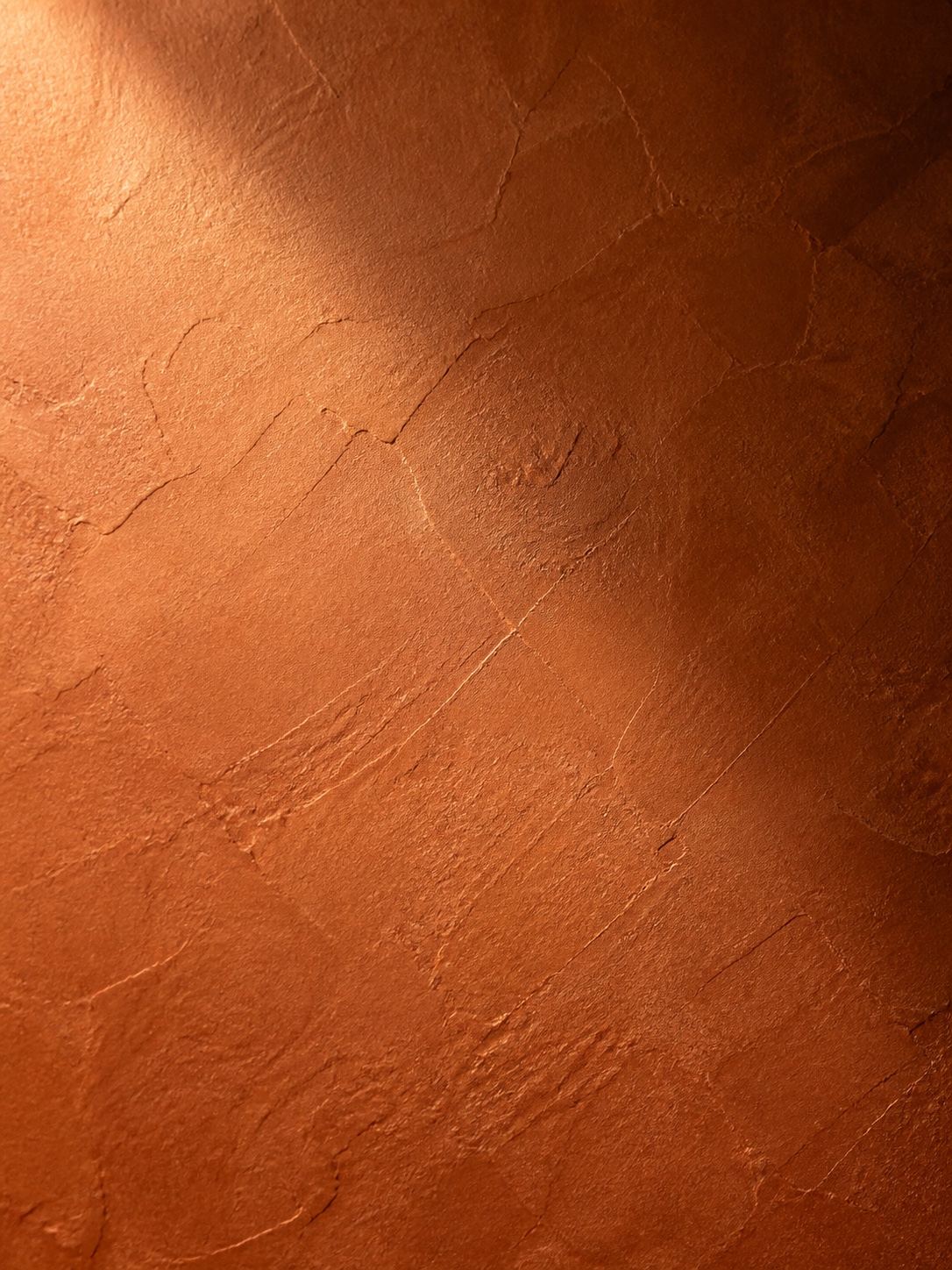 A deep warm terracotta Venetian plaster wall texture shown in raking studio light