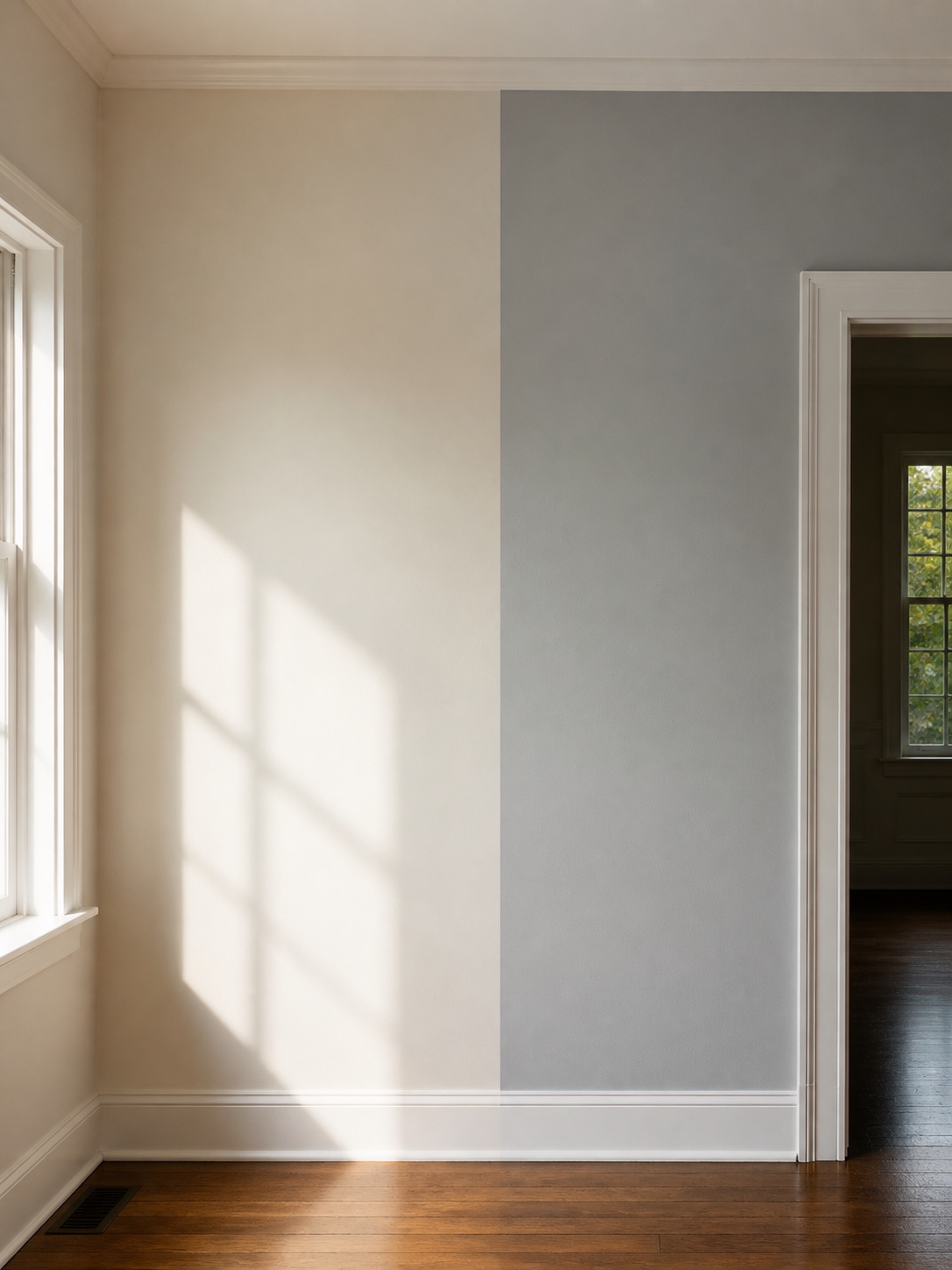 A room wall split between warm white and cool grey paint to show undertone differences in daylight