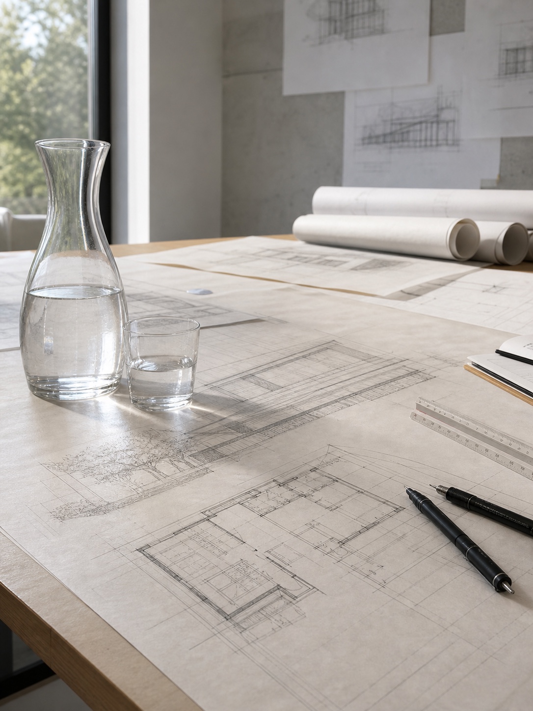 A glass water carafe beside architectural blueprints, technical pens, and a scale ruler.
