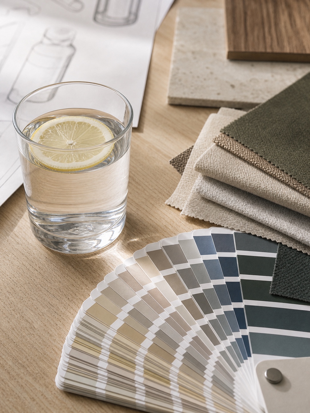 A glass of water with lemon beside a Pantone fan deck and material swatches.