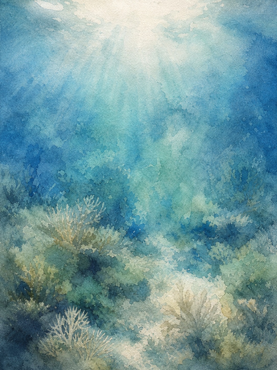 Loose watercolor wash suggesting an underwater coral reef background.