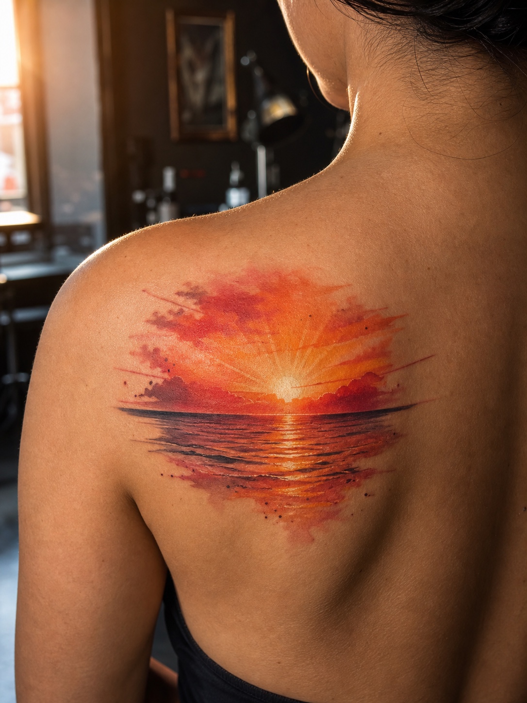 Watercolor sunrise over ocean horizon tattoo on a shoulder blade.