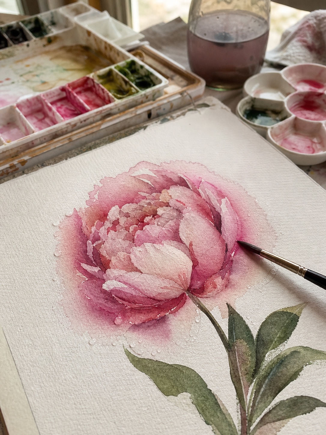 Pink watercolor peony painting in progress on cold-press paper with soft wet-on-wet edges.