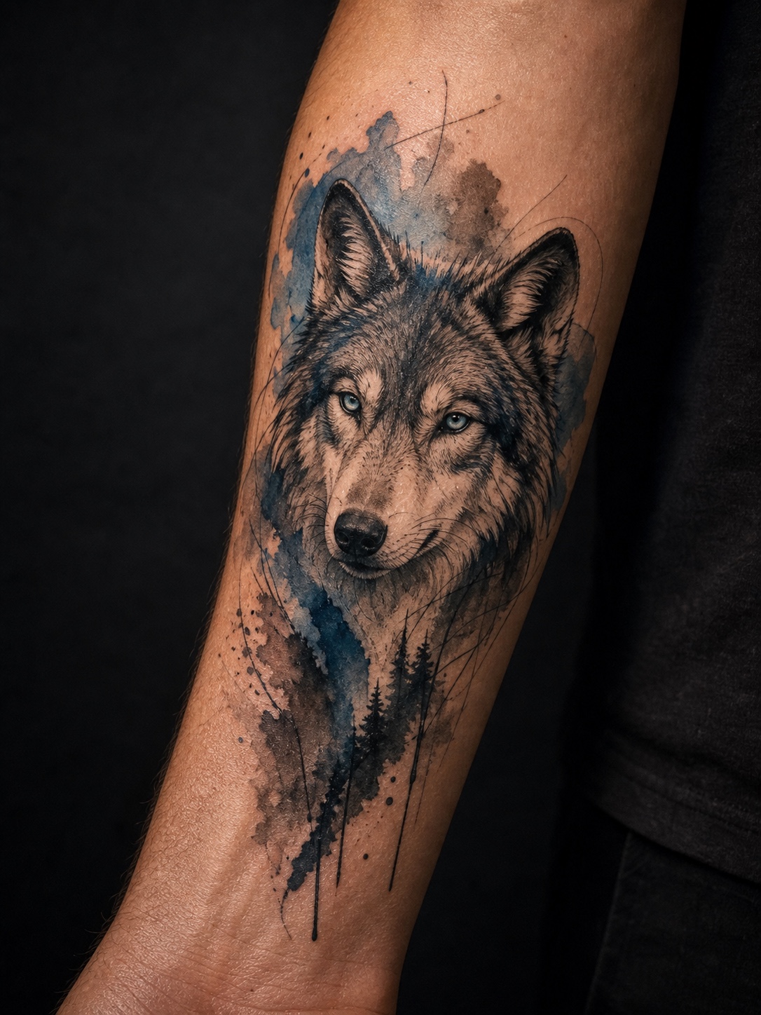 Watercolor wolf tattoo with color wash and fine linework on a forearm.