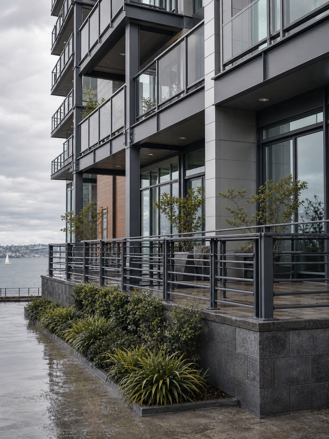 Waterfront Residential Coated Balcony Steel Waterfront residential building with coated balcony steel, metal railings, and weather-resistant facade panels. | Sky Rye Design Waterfront residential building with coated balcony steel, metal railings, and weather-resistant facade panels.