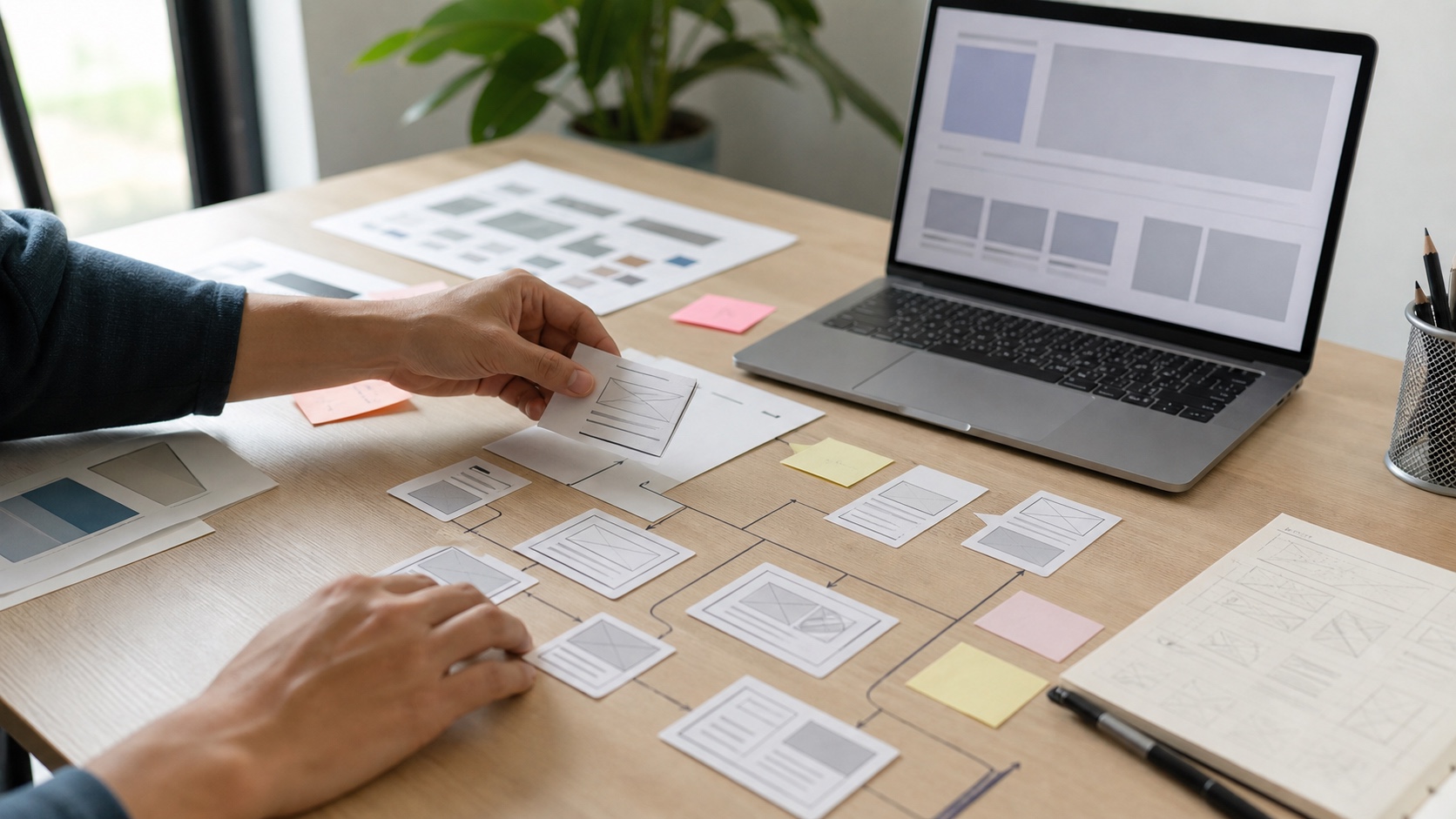 Person arranging wireframe cards on a table next to a laptop, sketching a UI layout with sticky notes nearby.