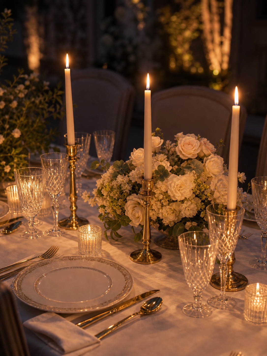 Lit taper candles casting warm light across fine porcelain, crystal glasses, and white wedding linen.