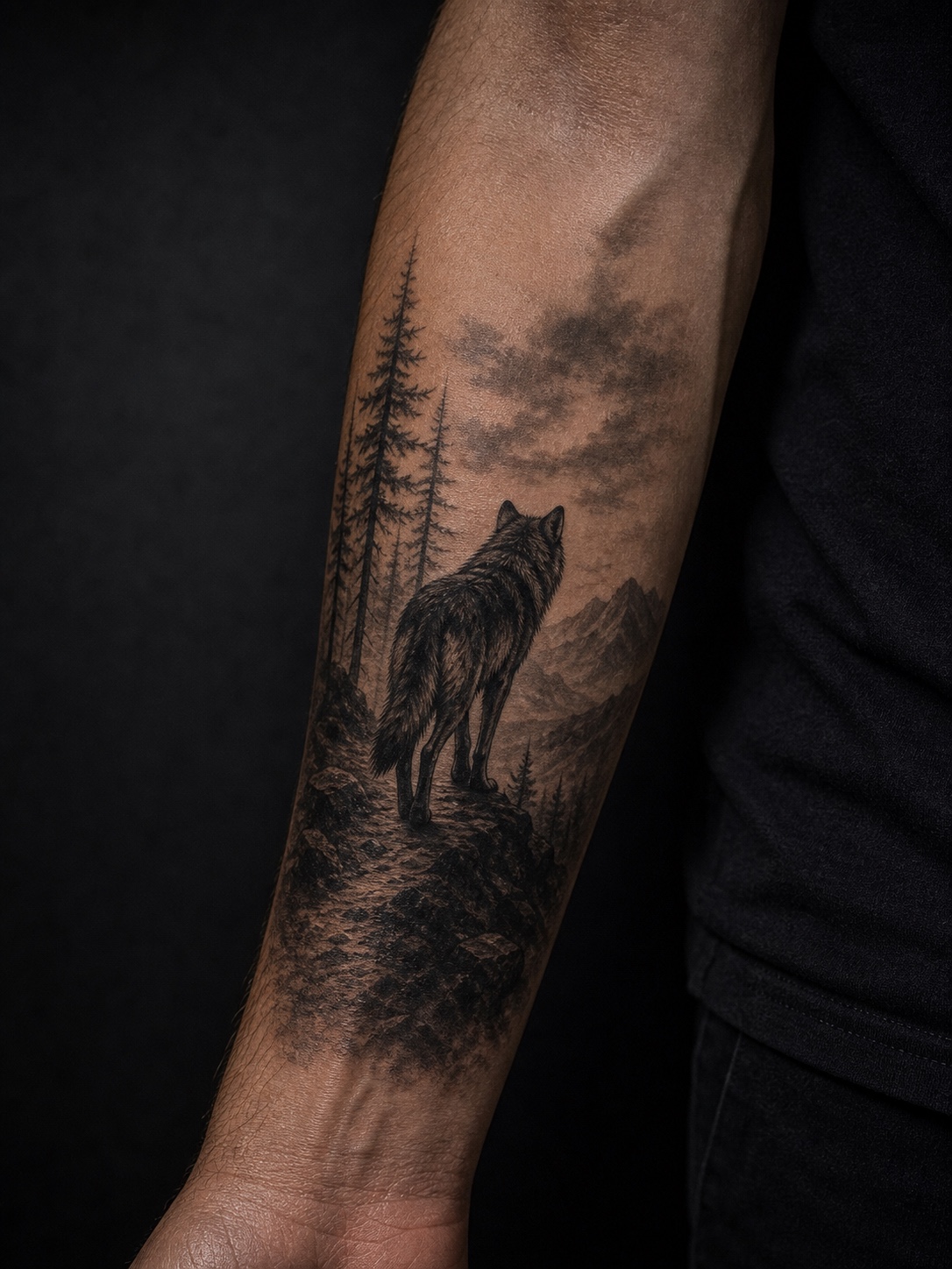Lone wolf tattoo on an arm showing a solitary wolf in wilderness.