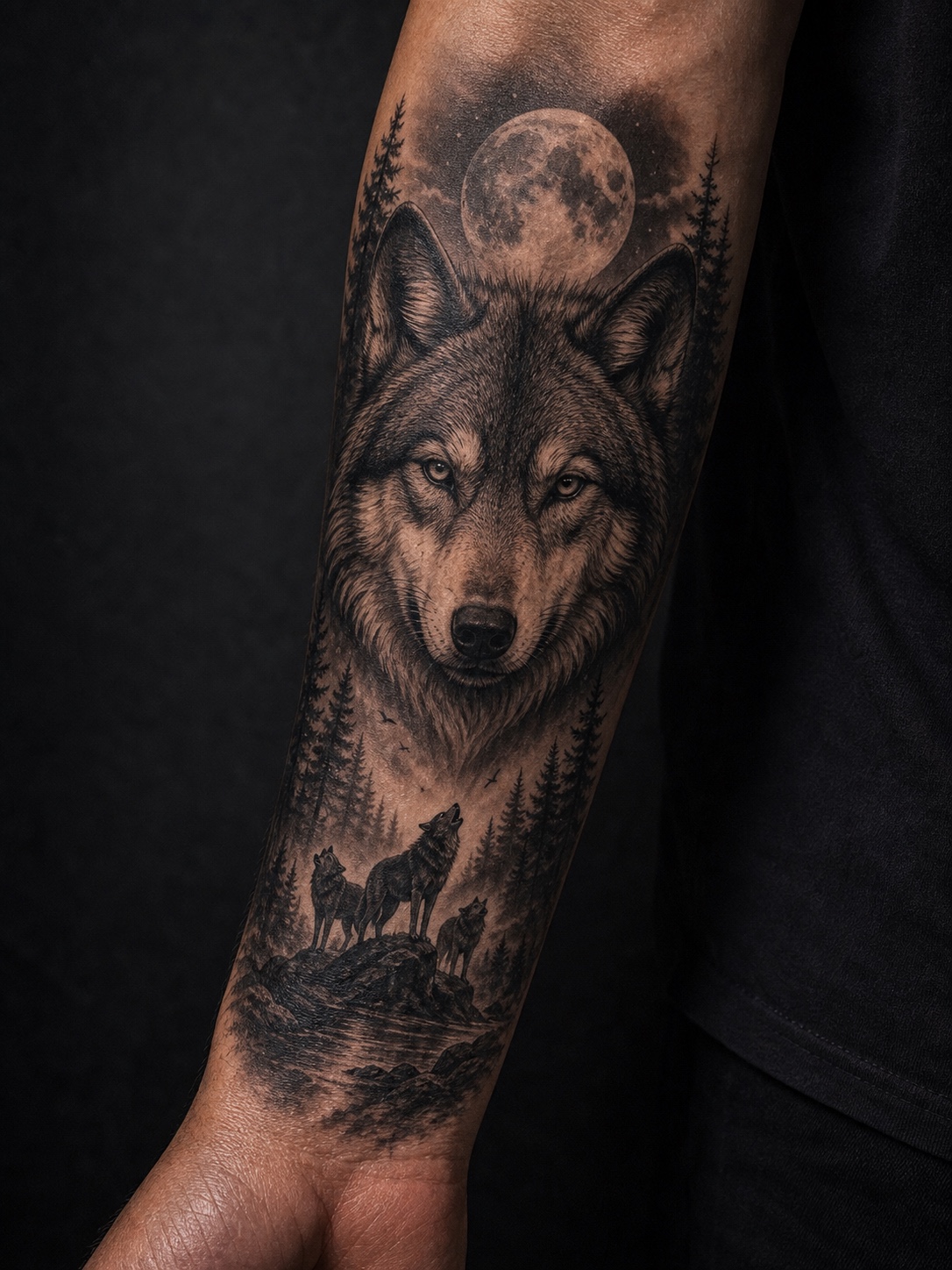 Symbolic wolf forearm tattoo with moon, forest, and pack elements.