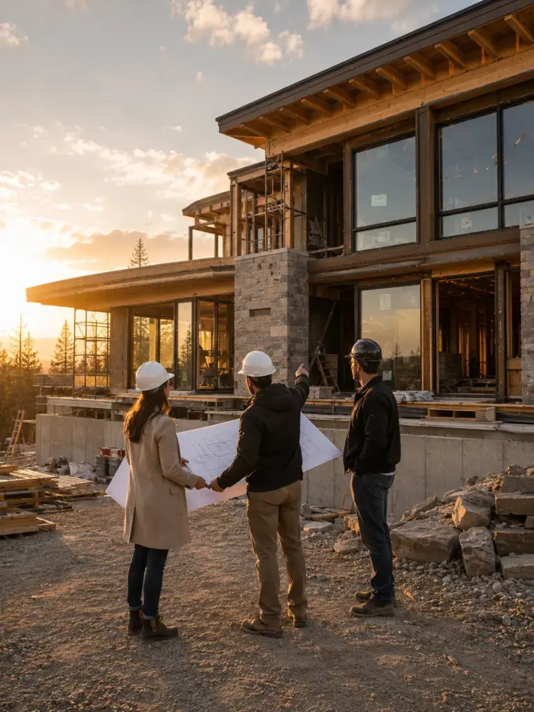 Architects and contractor reviewing blueprints at luxury house construction site during golden hour sunset