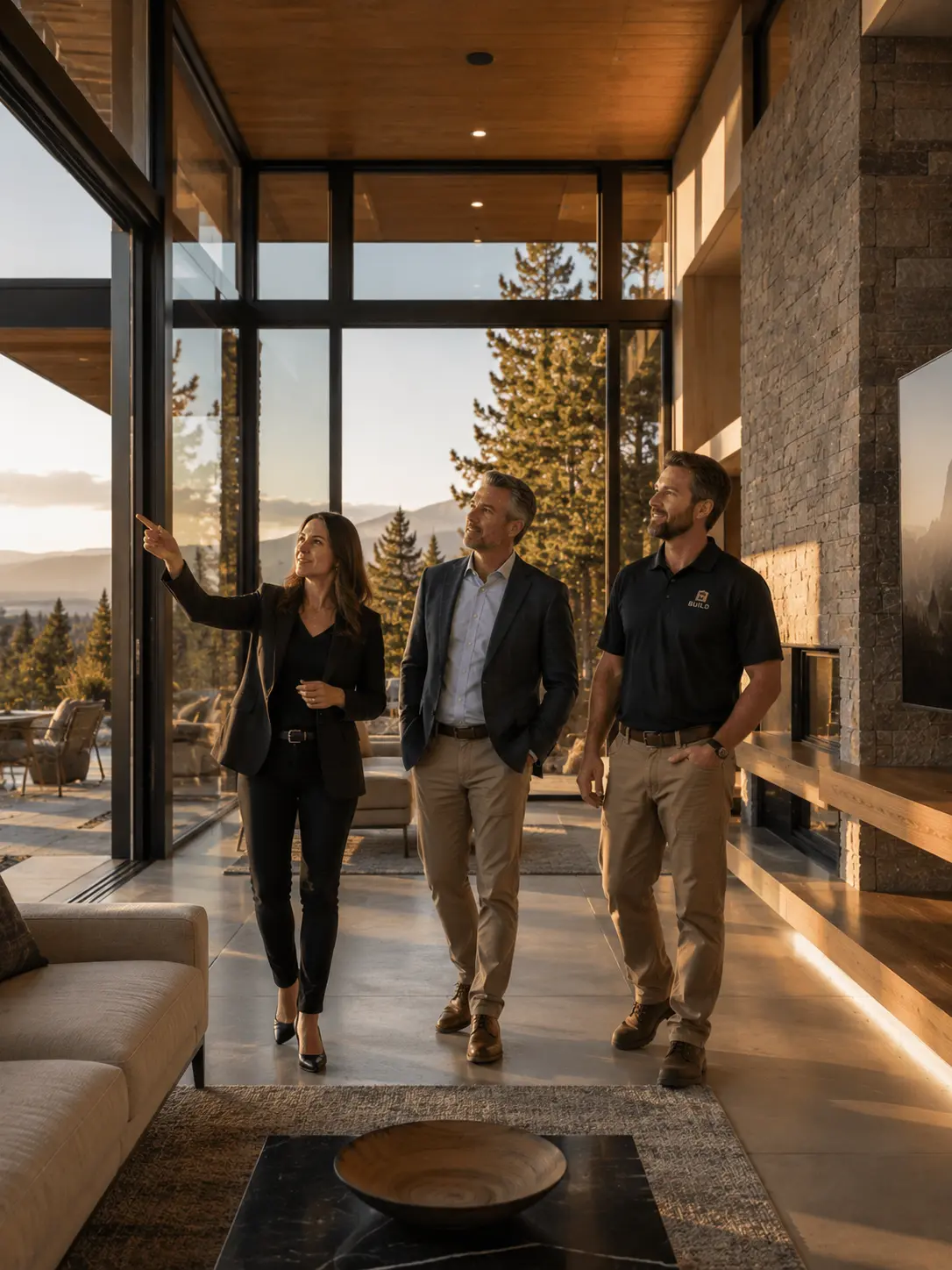 Luxury mountain home tour: realtor shows clients modern living room with floor-to-ceiling windows and forest views