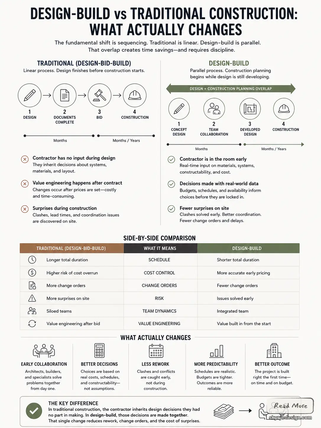 Infographic comparing design-build vs traditional construction: timelines, steps, pros, cost control, collaboration benefits.