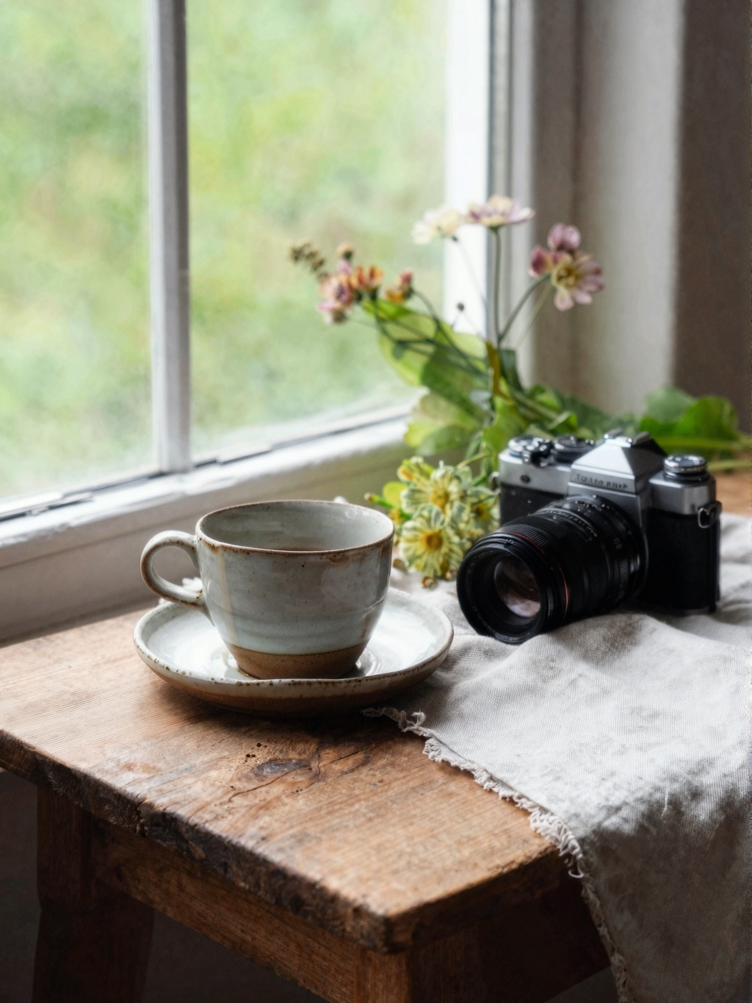Window Still Life Camera and Coffee Still life photography setup with coffee cup flowers vintage camera and linen beside a bright window | Sky Rye Design Still life photography setup with coffee cup flowers vintage camera and linen beside a bright window