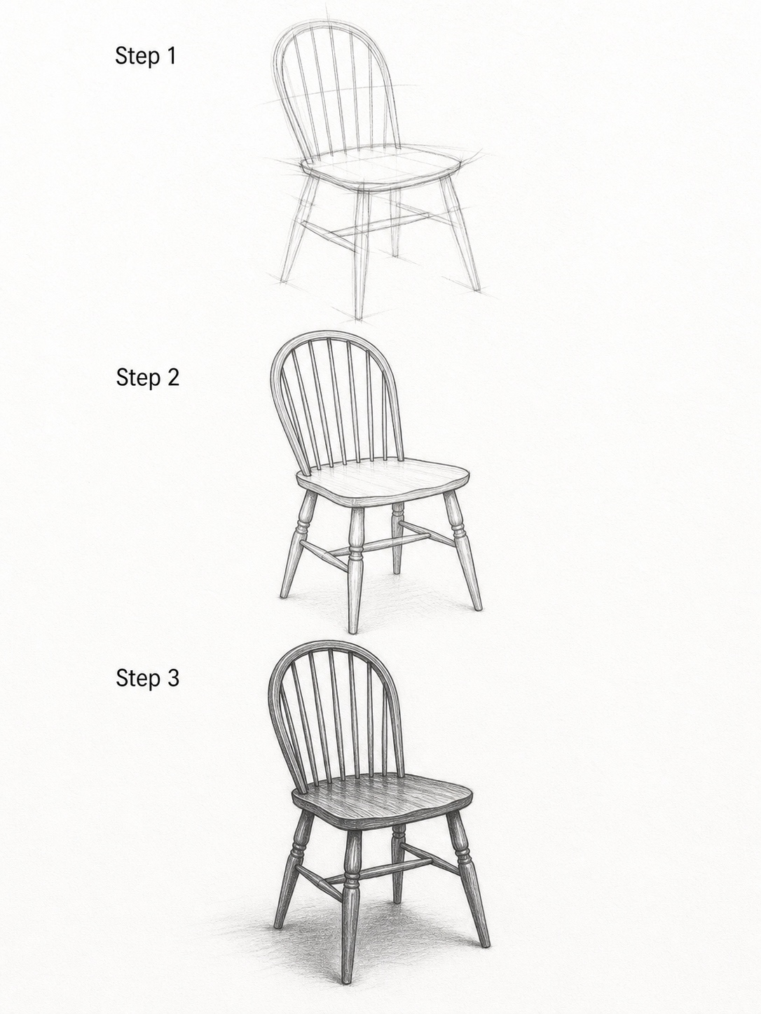 Windsor Chair Step by Step Drawing Three-stage pencil tutorial for drawing a Windsor chair with a spindle back and saddle seat. | Sky Rye Design Three-stage pencil tutorial for drawing a Windsor chair with a spindle back and saddle seat.