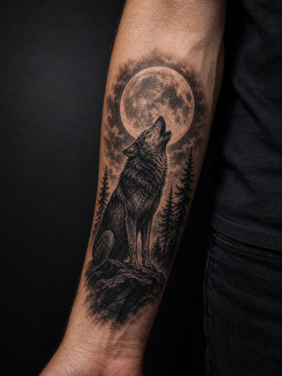 Wolf howling at a full moon tattoo on a forearm.