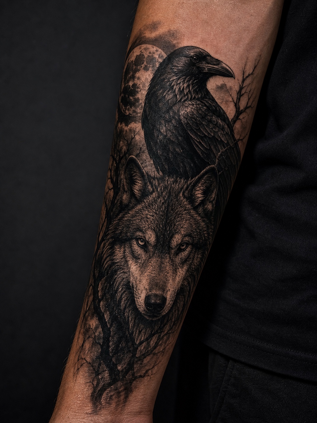 Dark wolf and raven tattoo on an arm.