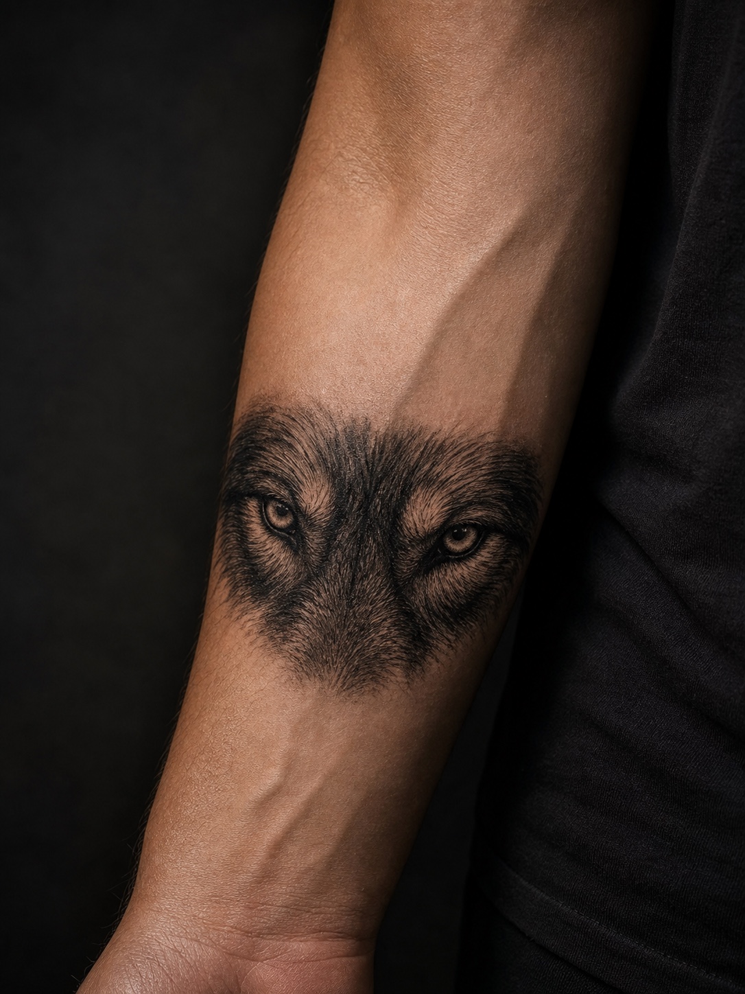 Close-up wolf eyes tattoo on a forearm.