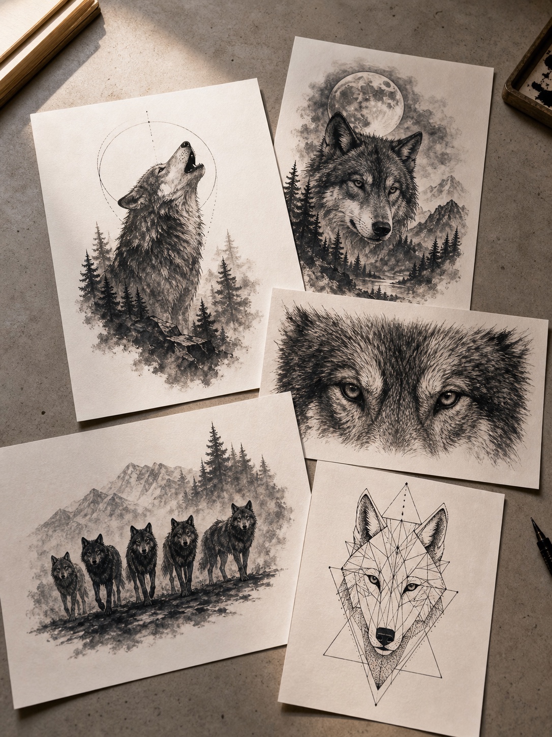 Flat lay of wolf tattoo flash designs including moon, eyes, pack, and geometric versions.