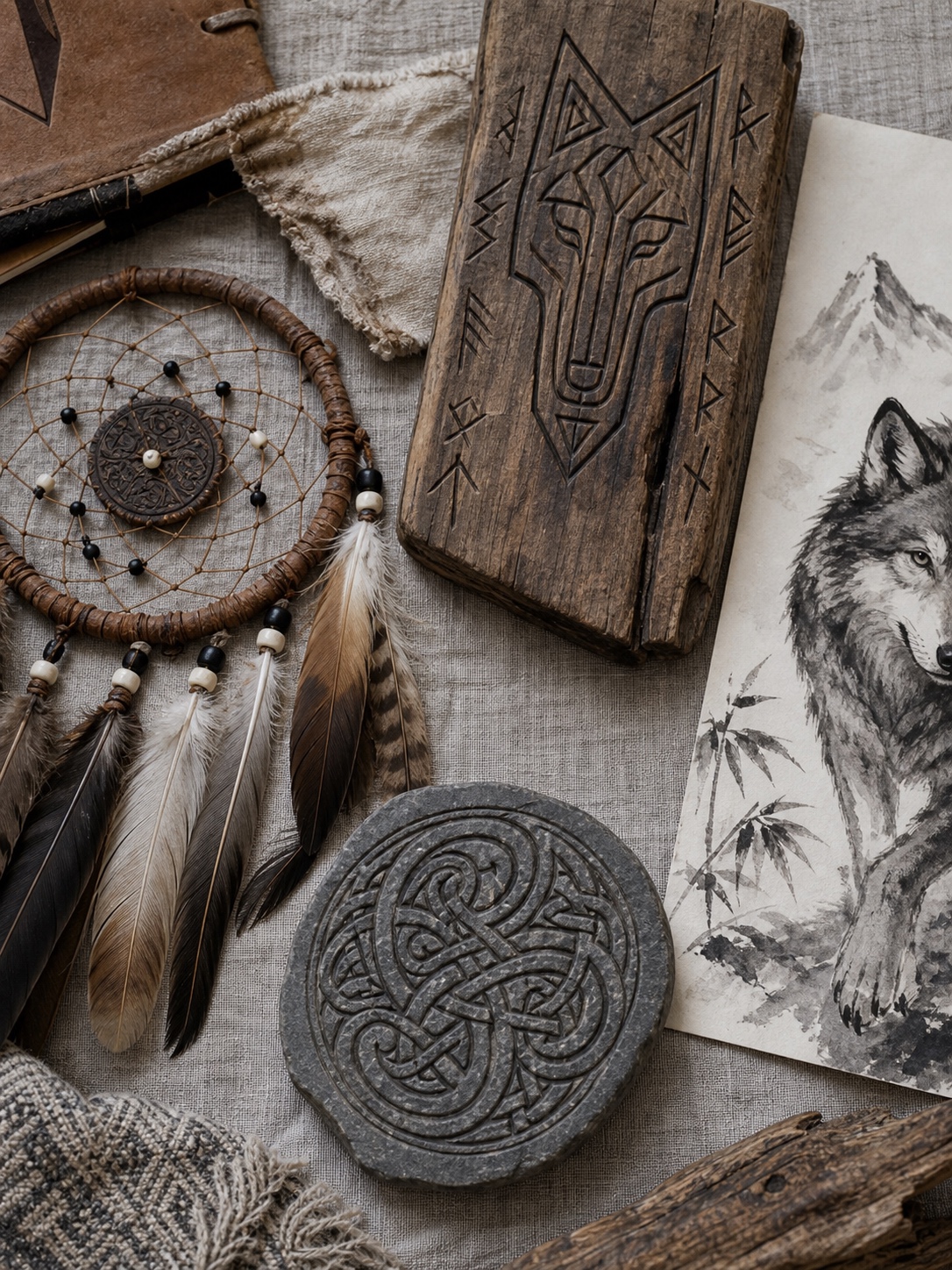 Flat lay of wolf symbolism reference objects inspired by Norse, Japanese, Celtic, and nature traditions.