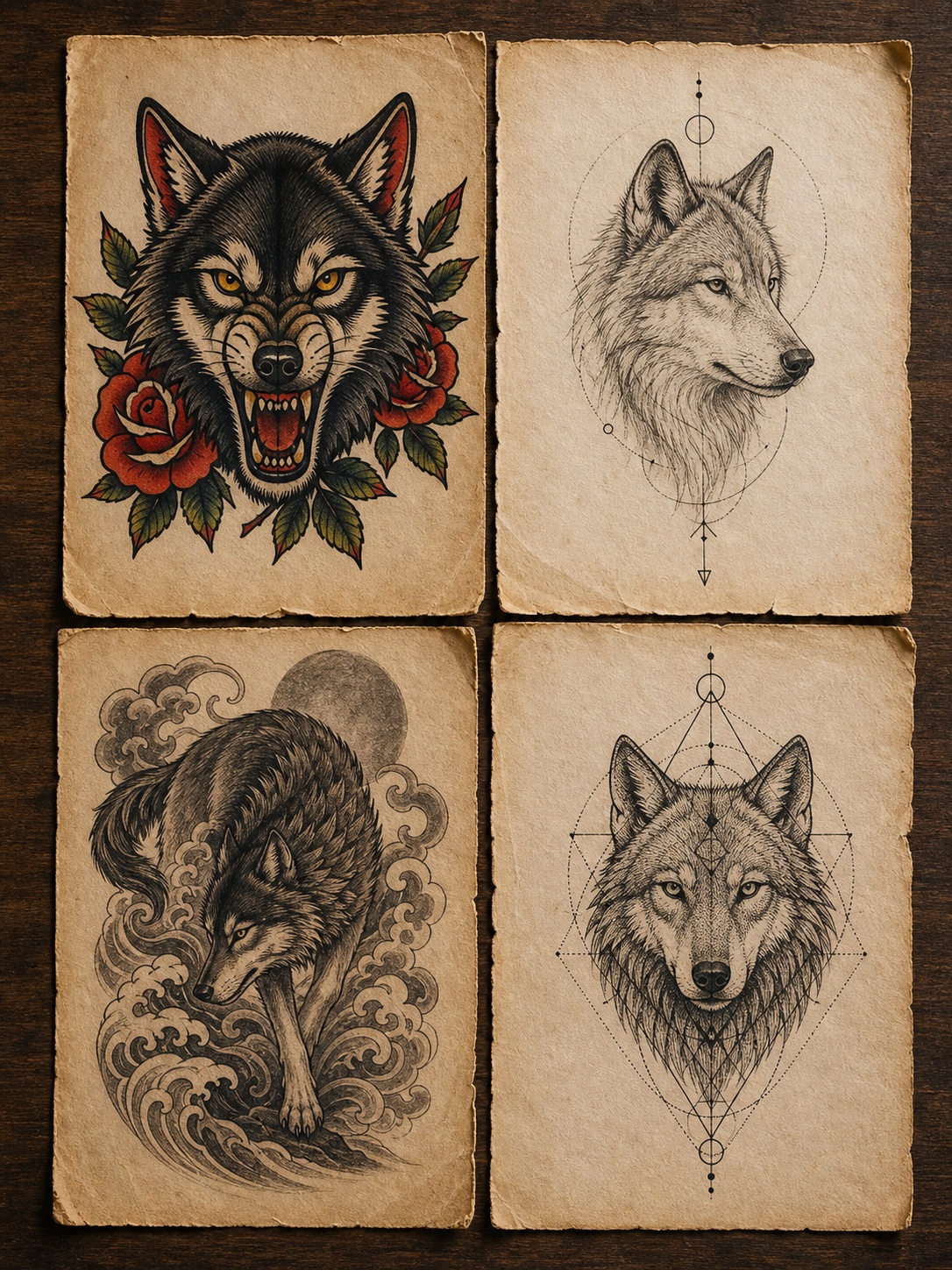 Flat lay comparing American traditional, fine-line, Japanese-inspired, and geometric wolf tattoo styles.