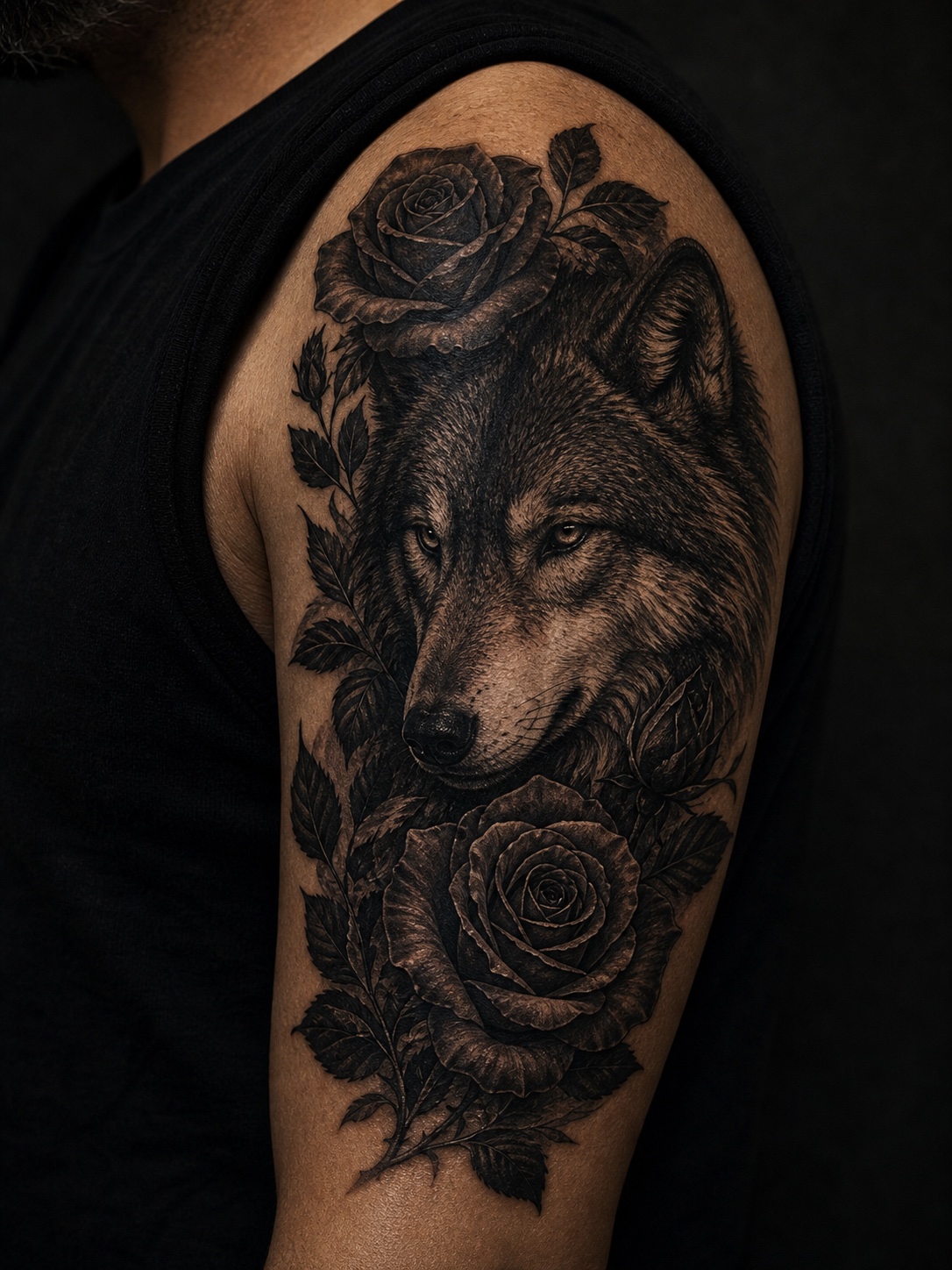 Wolf tattoo with dark rose flowers on a shoulder.