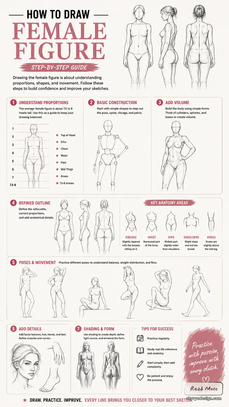 How to draw female figure infographic: step-by-step guide to proportions, construction, poses, anatomy & shading.