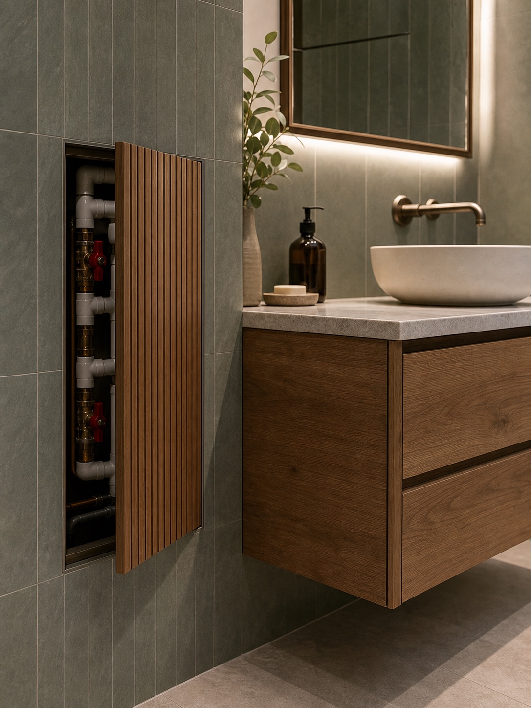 A modern bathroom vanity area with a wood-slat concealed access panel opened to show plumbing service valves.