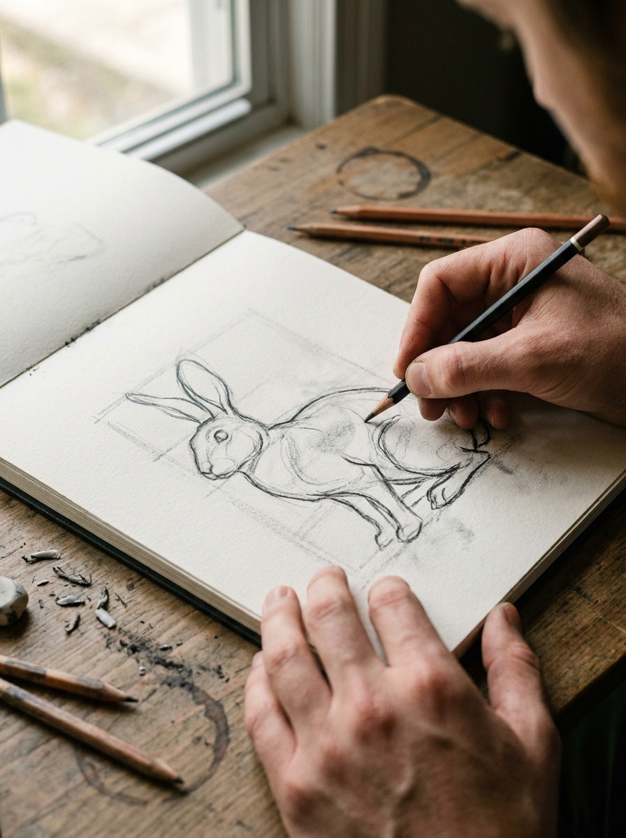 Bunny gesture drawing in progress Hands sketching the first gesture lines and mass shapes for a bunny drawing on a sketchbook page. | Sky Rye Design Hands sketching the first gesture lines and mass shapes for a bunny drawing on a sketchbook page.