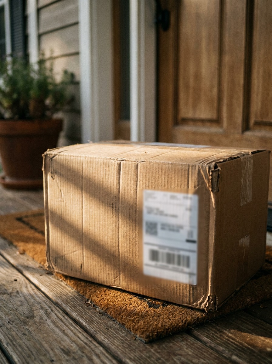 Delivery box on a porch doormat A cardboard delivery box sitting on a porch doormat in soft morning light. | Sky Rye Design A cardboard delivery box sitting on a porch doormat in soft morning light.