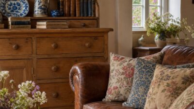 Cozy English cottage living room with antique pine dresser, blue and white ceramics, worn books, floral cushions, and aged leather sofa.
