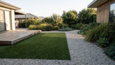 Modern backyard combining a small synthetic turf zone, a gravel path and a native planting border connected by a timber deck