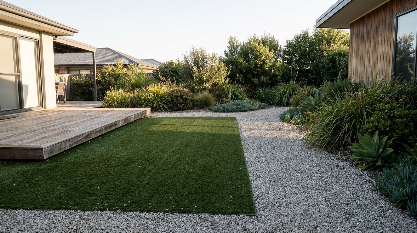 01-grass-alternatives-mixed-material-backyard-overview Modern backyard combining a small synthetic turf zone, a gravel path and a native planting border connected by a timber deck | Sky Rye Design Modern backyard combining a small synthetic turf zone, a gravel path and a native planting border connected by a timber deck
