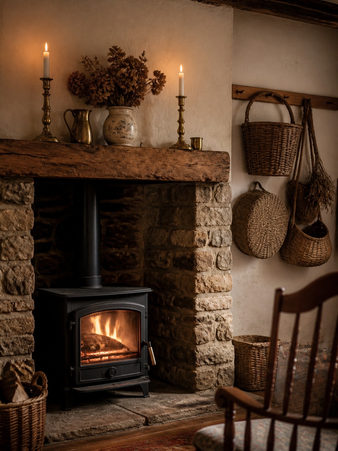 English cottage stone fireplace with wooden mantel brass candlesticks dried flowers oak peg rail and woven baskets English cottage stone fireplace with wooden mantel, brass candlesticks, dried flowers, oak peg rail, and woven baskets. | Sky Rye Design English cottage stone fireplace with wooden mantel, brass candlesticks, dried flowers, oak peg rail, and woven baskets.
