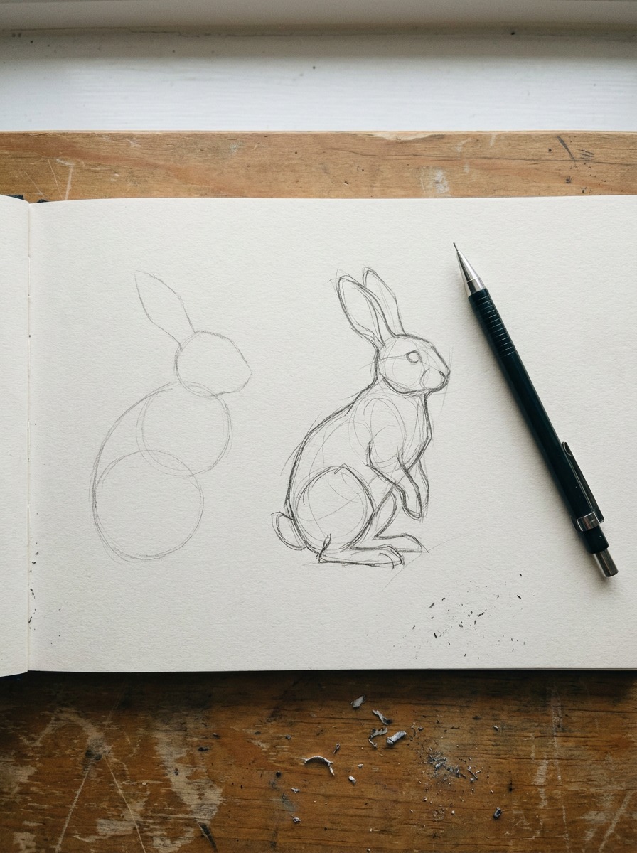Flat bunny sketch vs gesture-built bunny sketch Two rabbit sketches comparing a flat two-circle construction with a gesture-built bunny drawing. | Sky Rye Design Two rabbit sketches comparing a flat two-circle construction with a gesture-built bunny drawing.