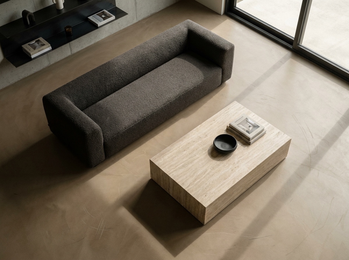 A travertine coffee table sized to roughly 60 percent of a long charcoal bouclé sofa, showing a practical golden-ratio relationship.