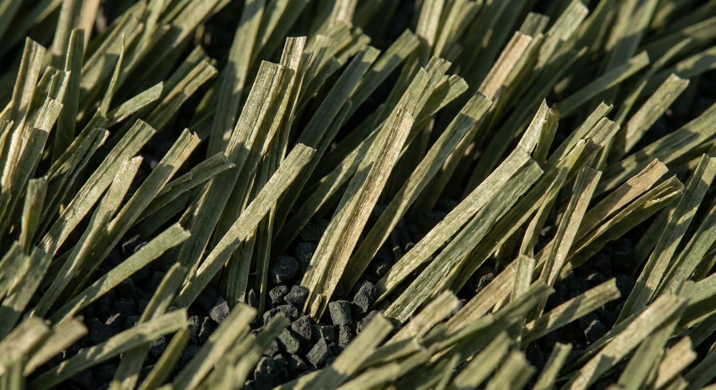 02-synthetic-turf-fiber-texture-macro Extreme close-up of synthetic turf fibers catching low raking light with visible infill granules | Sky Rye Design Extreme close-up of synthetic turf fibers catching low raking light with visible infill granules