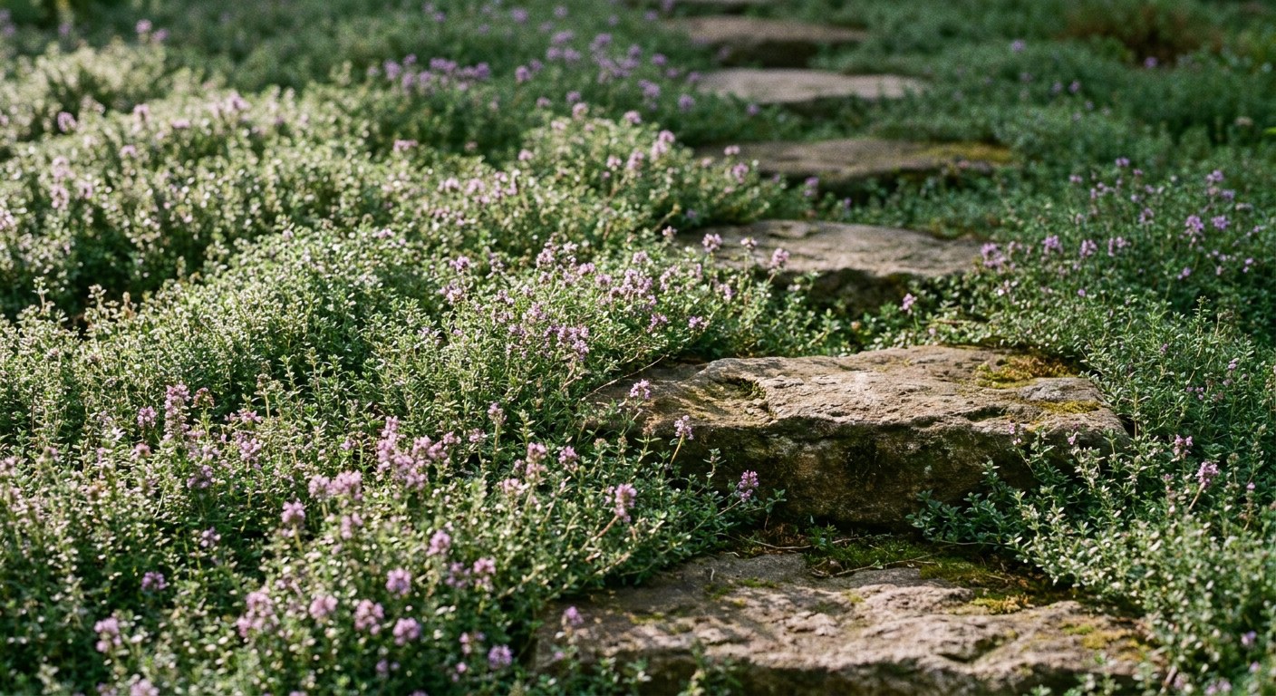 03-creeping-thyme-groundcover-stepping-stone-path Close three-quarter shot of a stepping-stone path set into low creeping thyme groundcover with small purple blooms | Sky Rye Design Close three-quarter shot of a stepping-stone path set into low creeping thyme groundcover with small purple blooms