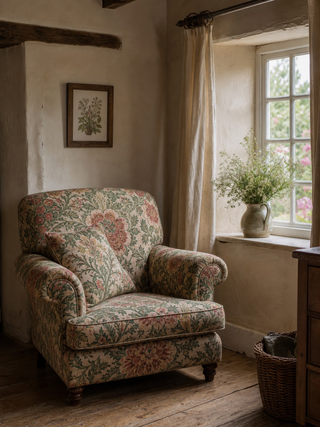 English cottage sitting room corner with a large floral armchair beside a deep-set window and cream plaster walls English cottage sitting room corner with a large floral armchair beside a deep-set window and cream plaster walls. | Sky Rye Design English cottage sitting room corner with a large floral armchair beside a deep-set window and cream plaster walls.