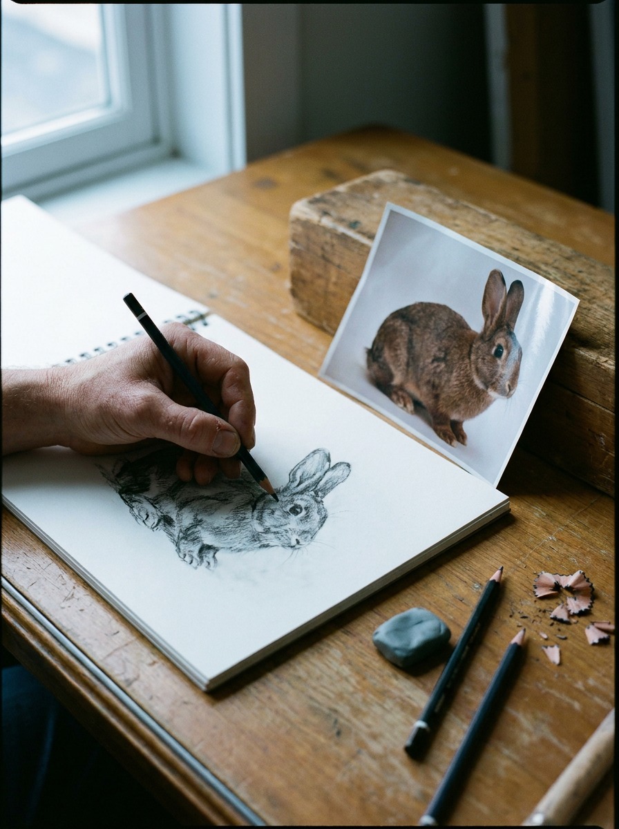 Rabbit reference photo with sketchbook setup A sketchbook and rabbit reference photo arranged for drawing a full-body bunny study. | Sky Rye Design A sketchbook and rabbit reference photo arranged for drawing a full-body bunny study.