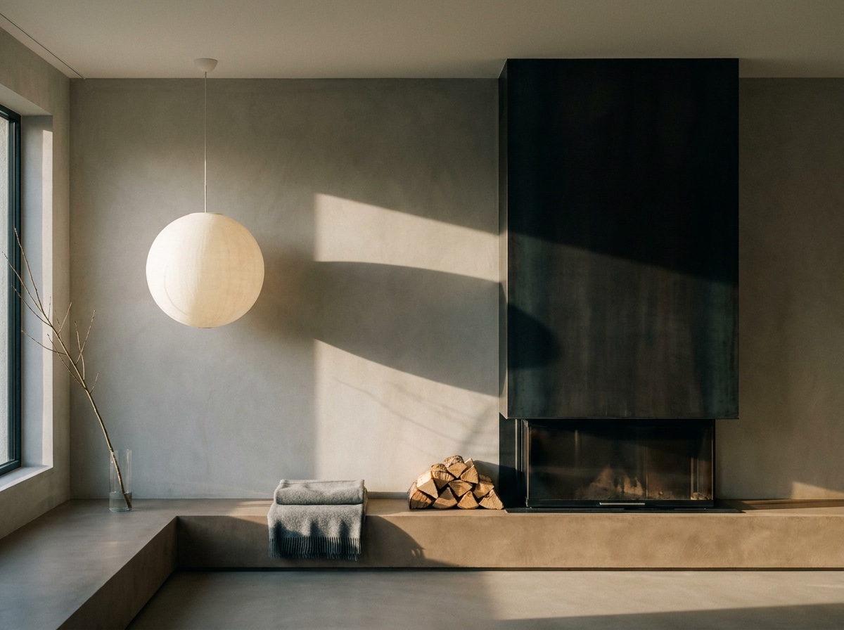 An off-center sculptural fireplace and pendant in a minimalist microcement room, arranged around a rule-of-thirds focal point.